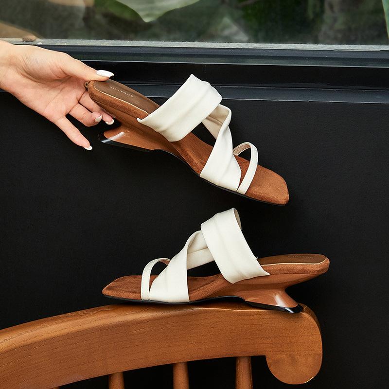 Sheepskin Color Matching Retro Square Head with Wedge Heel Slippers Women's Summer Wear Korean Version Open-toed High-heeled Sandals