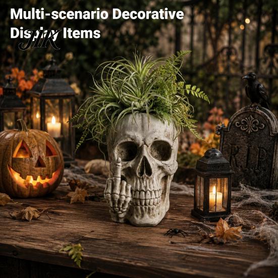 Gothic Home Decor Skull Planter with Middle Finger Design, Resin Skeleton Flower Pot Personalized Desk Organizer for Succulents, Funny Plant Ornament