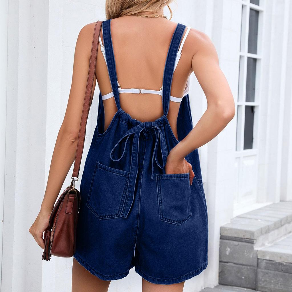 Women Sleeveless Backless Adjustable Strap Denim Romper with Pockets Loose Fit Casual Playsuit for Summer Daily Wear