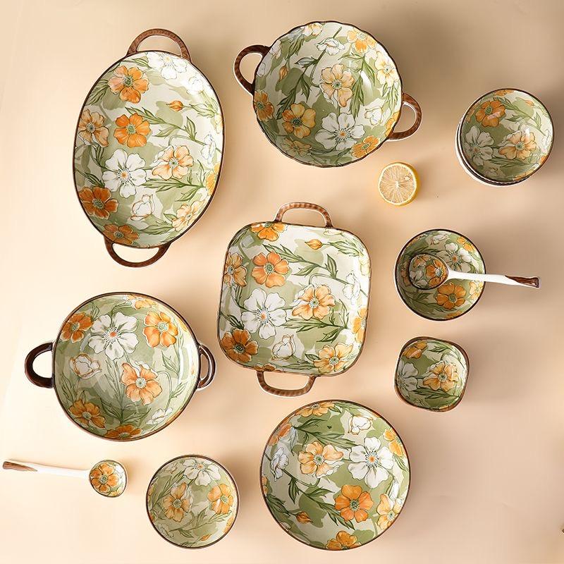 5 Inch Underglaze Ceramic Rice Bowl with Spoon Traditional Dessert Bowl