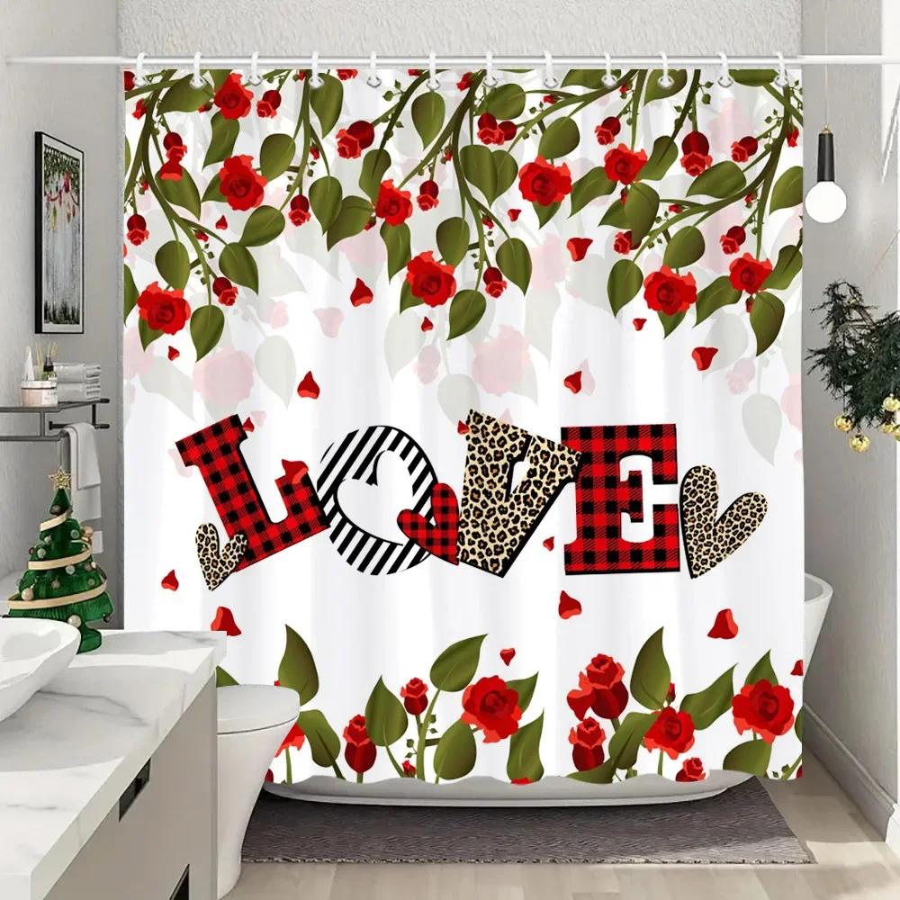 Valentine's Day Love Shower Curtain Black and White Buffalo Check LOVE Valentine's Day Gift Washable Bath Curtain Bathroom Decor