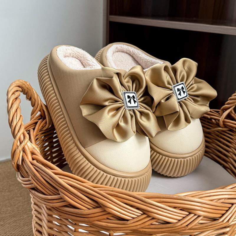 Bow cotton slippers autumn and winter thick bottom non-slip home indoor household plush warm cotton mop