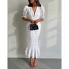 Vestido Midi Sirena Peplum Cuello Blazer Manga Abullonada Estampado Floral Blanco para Mujer Elegante Casual Vestido de Dama de Honor Boda Vestido de Verano