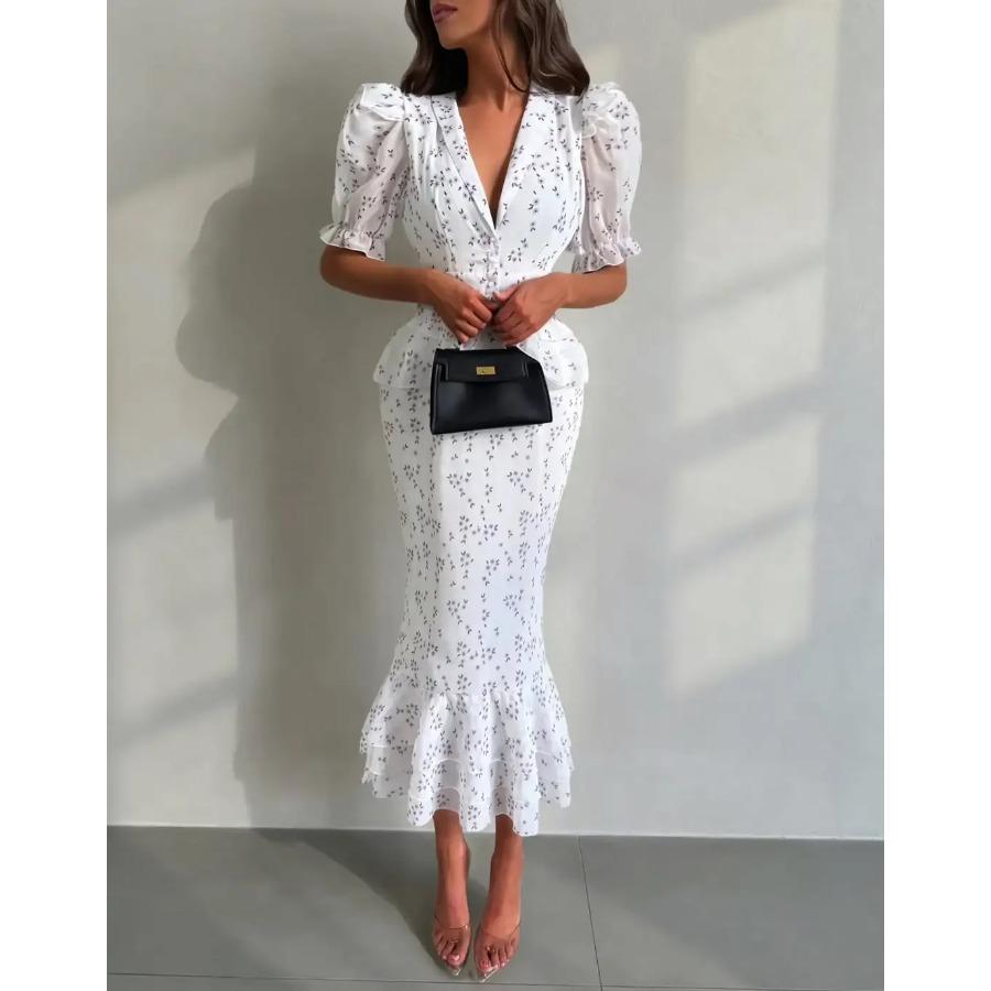 Vestido Midi Sirena Peplum Cuello Blazer Manga Abullonada Estampado Floral Blanco para Mujer Elegante Casual Vestido de Dama de Honor Boda Vestido de Verano