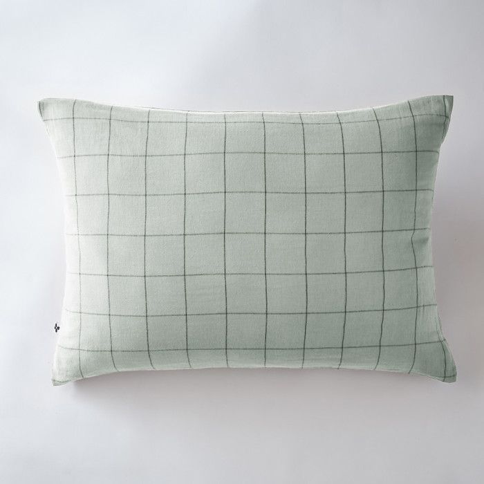 Taie d'oreiller Tissé-teint grands carreaux Déco "Gaïa Match" 60 x 60 cm &amp; 50 x 70 cm "Gaze de Coton" - Gaïa Match Eucalyptus - 50 x