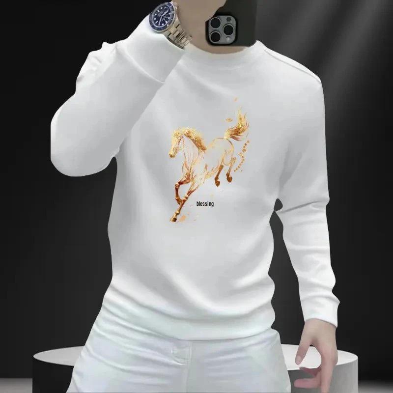 Trendy Men s Autumn Horse Print Round Neck Hoodie XXL