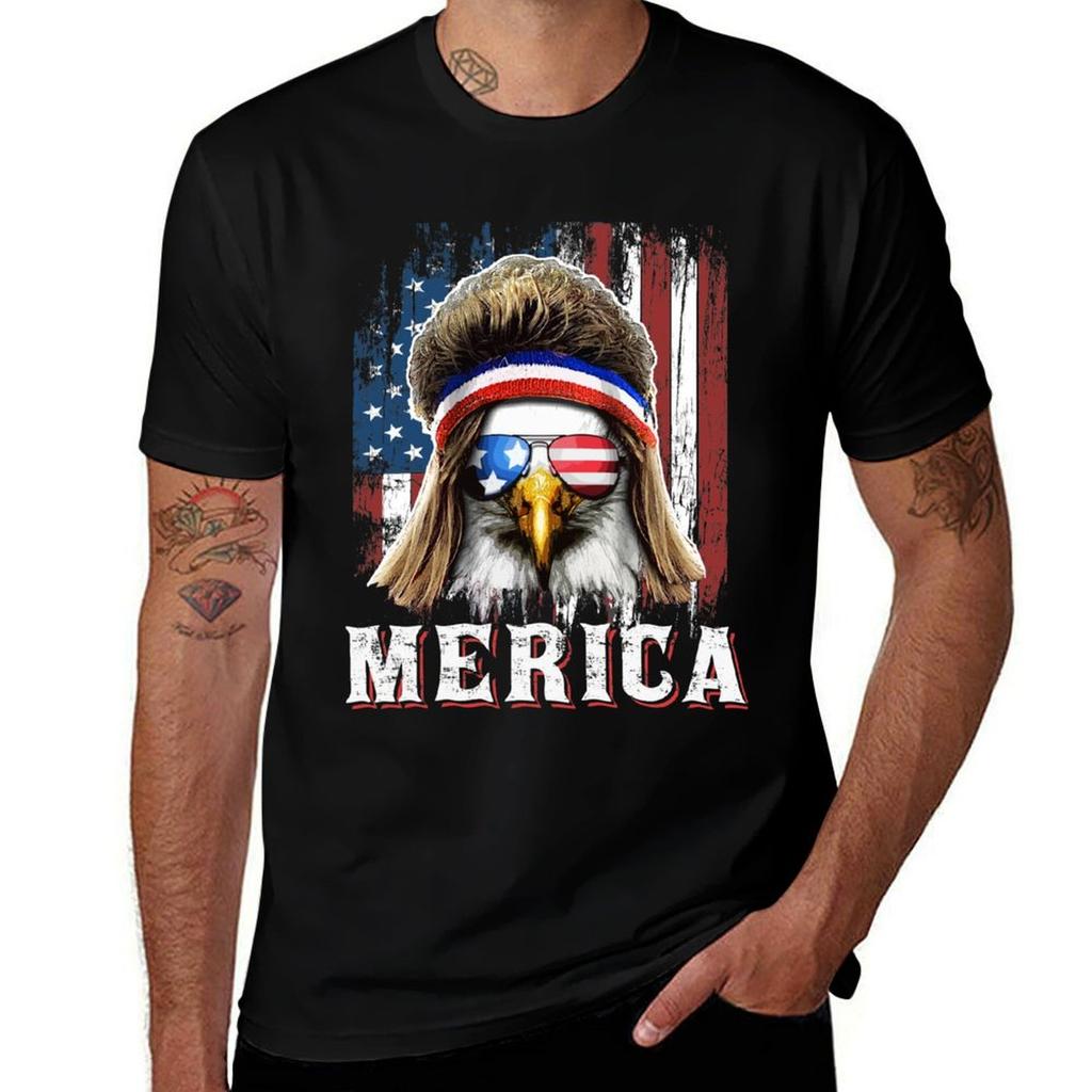 Patriotic Merica Eagle Mullet 4th Of July Tshirt Functional Casual Short Sleeve Tee