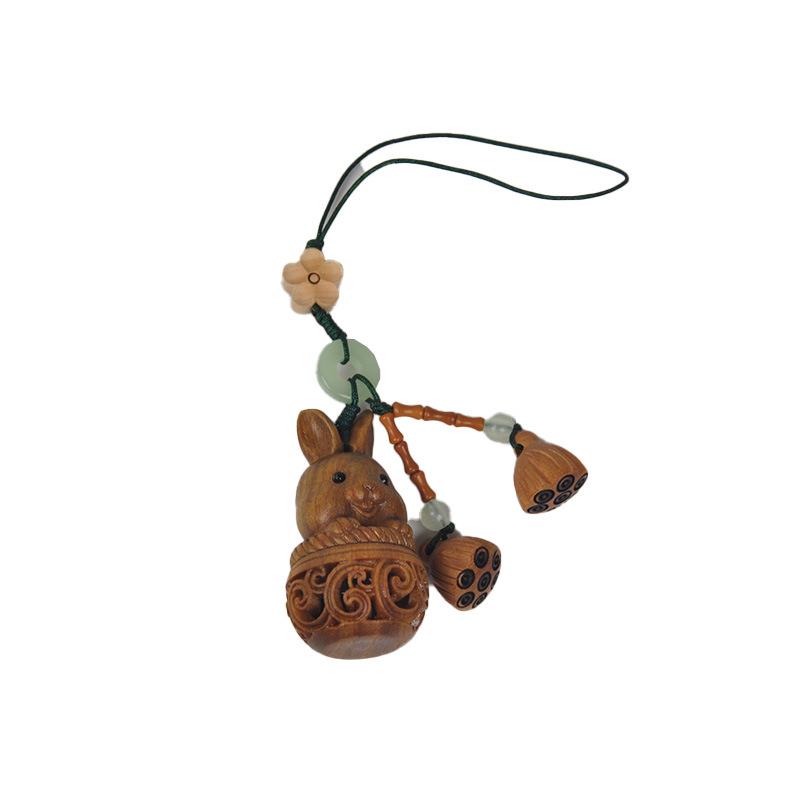 Green Sandalwood Lotus Pod Carved Keychain Pendant - Unscrewable Charm for Phones & Bags