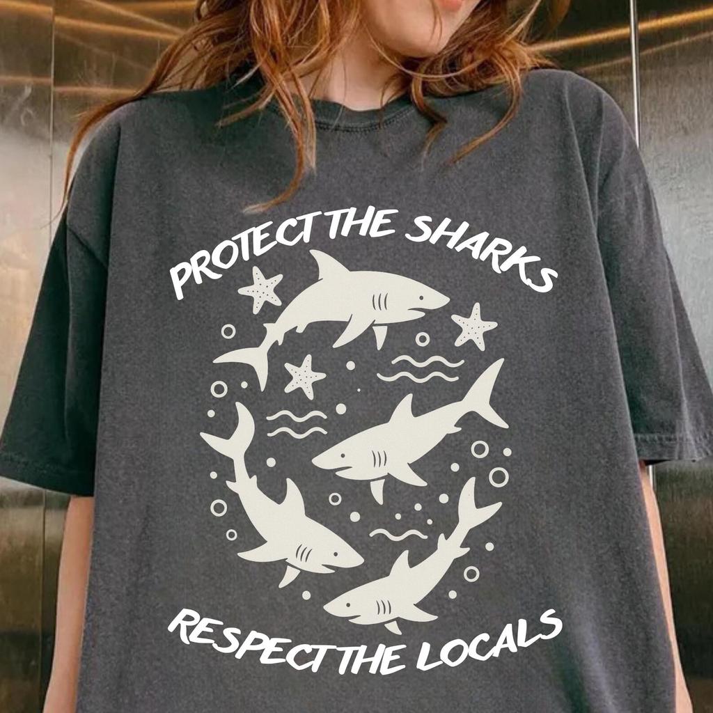 Shark T Shirt - Unisex Vintage Look Shirt Shark Lover Gift Shirt Surf Sweater Beach Shirt Respect The Locals Sharks Cute Oceancore shirt