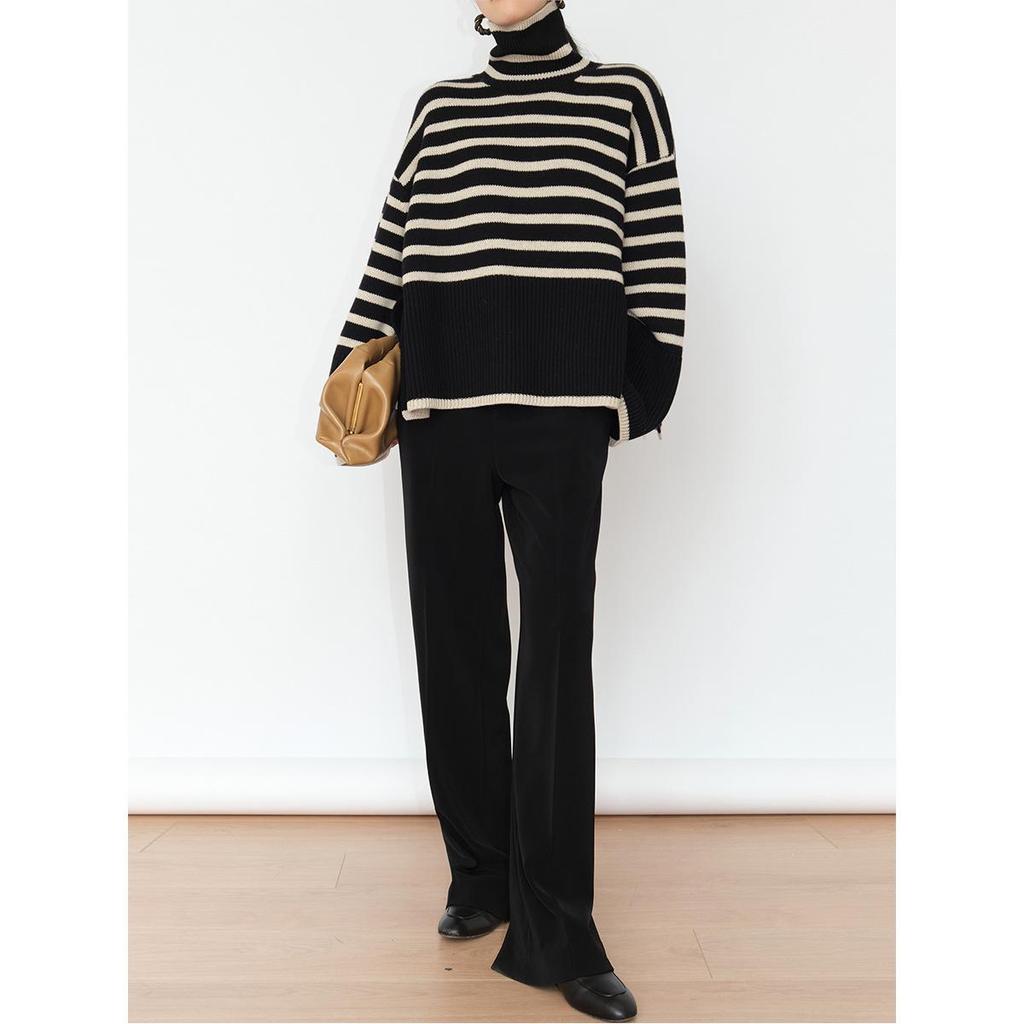 Women's High Neck Knitted Sweater - Retro Striped Design, Loose Fit, Autumn/Winter 2023, Korean Style.