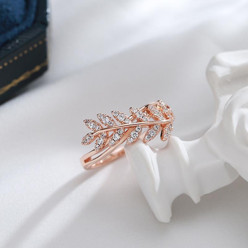 Shiny Natural Zircon Leaf Ring For Women Trendy  Rose Gold Color Vintage Wedding Jewelry Daily Party Accessories