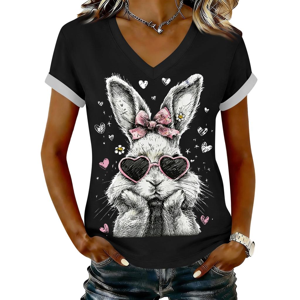 Women's Casual Printed T-Shirt V Neck Pullover Short Sleeve Top