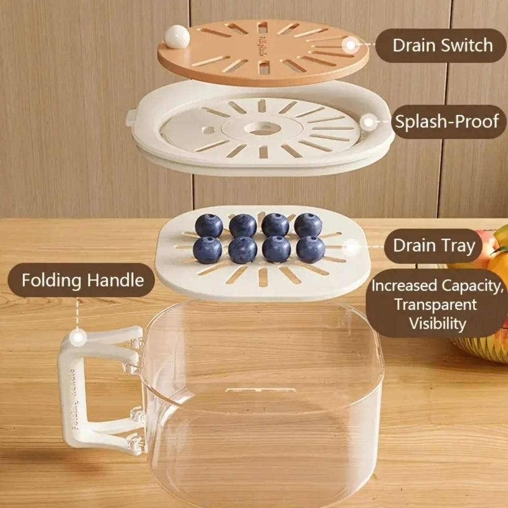Kitchen Fridge Salad Container, 2in1 Double Layer Fruit Drainer Container with Foldable Handle, Fruit Washing Bowl with Strainer