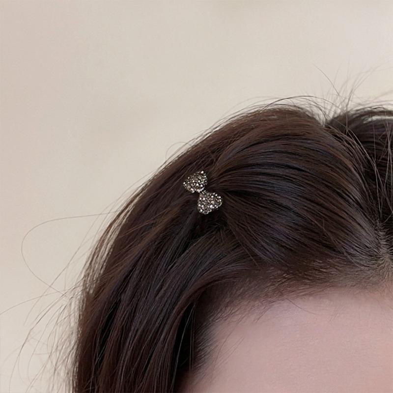 Mini gray rhinestone bow hairpin side clip light luxury high sense forehead broken hairpin cute small clip hairpin
