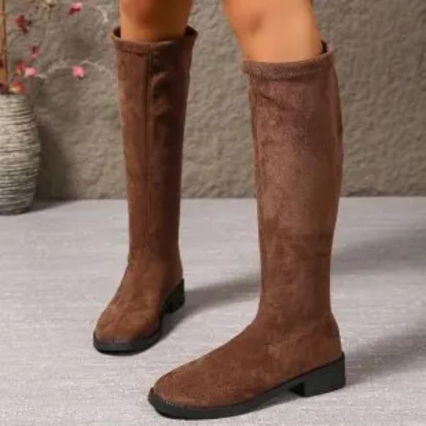 Damskie Modne Kozaki Wiosna i Jesień Nowy Styl Okrągły Nosek Tylny Zamek Kozaki do Kolana Kobiety Szyte Wysokie Kozaki