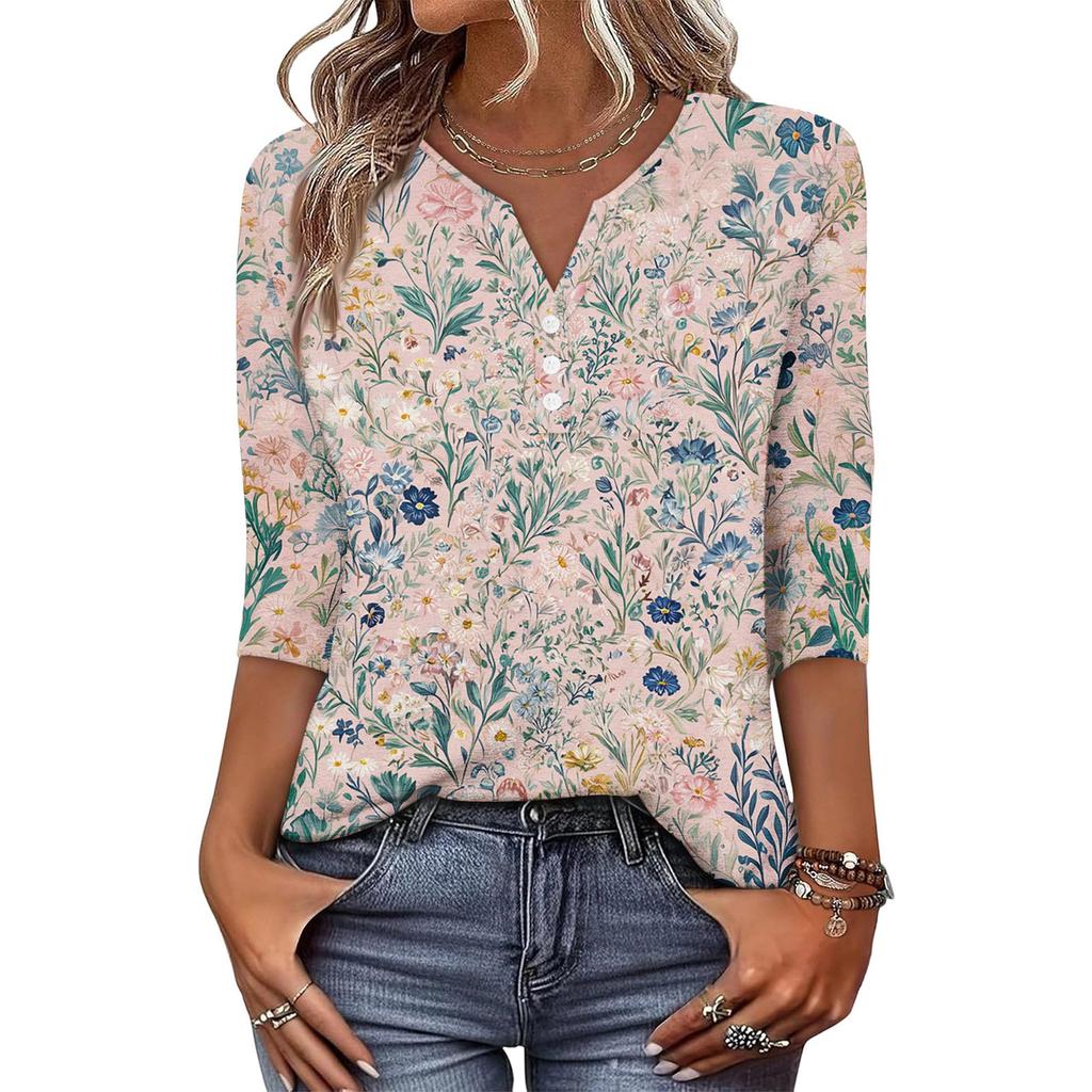 Women's Fashionable Casual Retro Floral Print V-Neck Button-Down Three-Quarter Sleeve T-Shirt Top