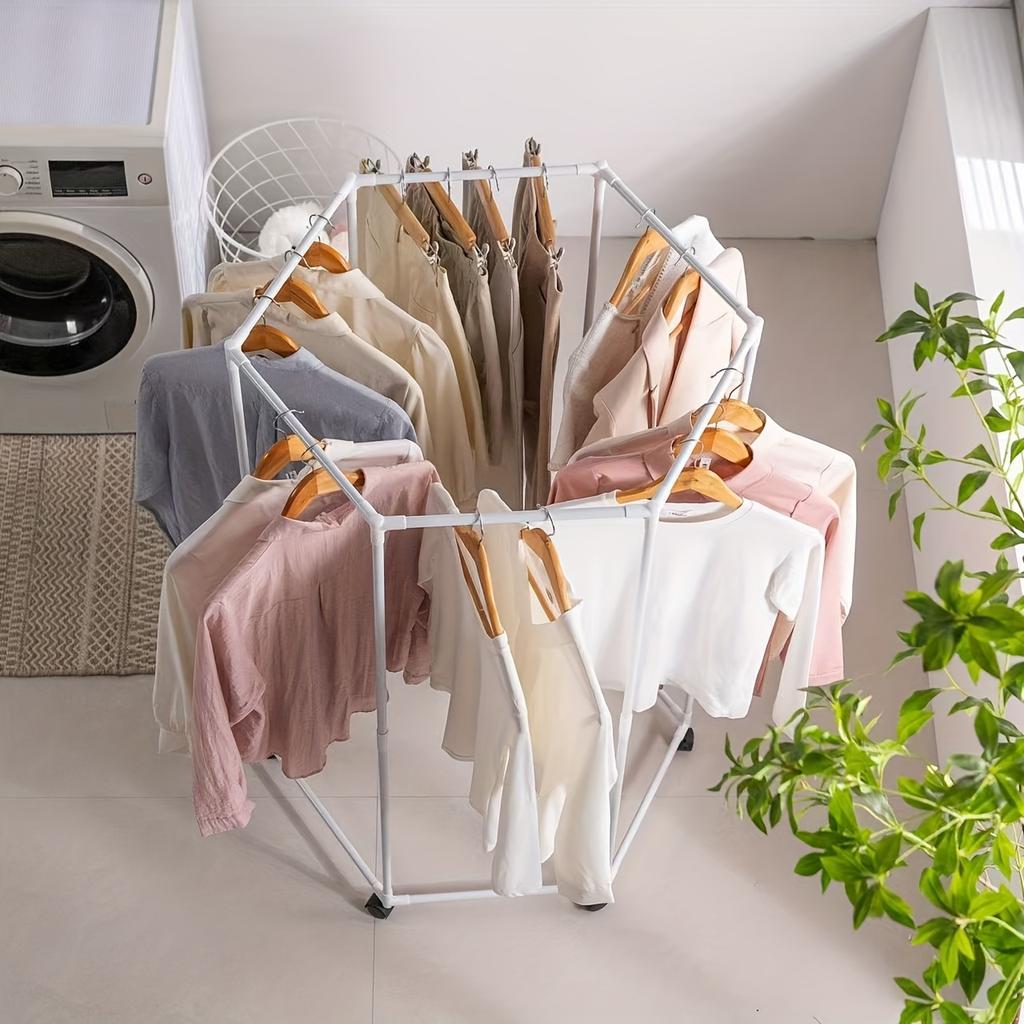 Stainless Steel Wardrobe Organizer - Freestanding 6-Bar Clothes Rack with Wheels & Shelves, Space-Saving Design,Metal Frame