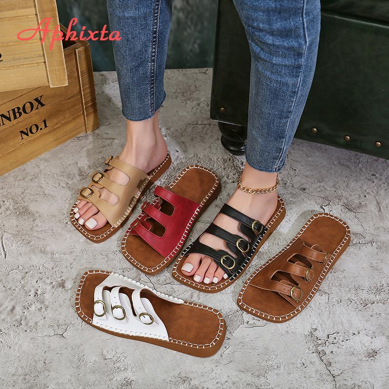 Fashion Aphixta Concise Summer Flat With Slides Metal Buckle Woman Slippers Square Toe Flip Flops TPR Sole Beach Shoes Flat Sandals