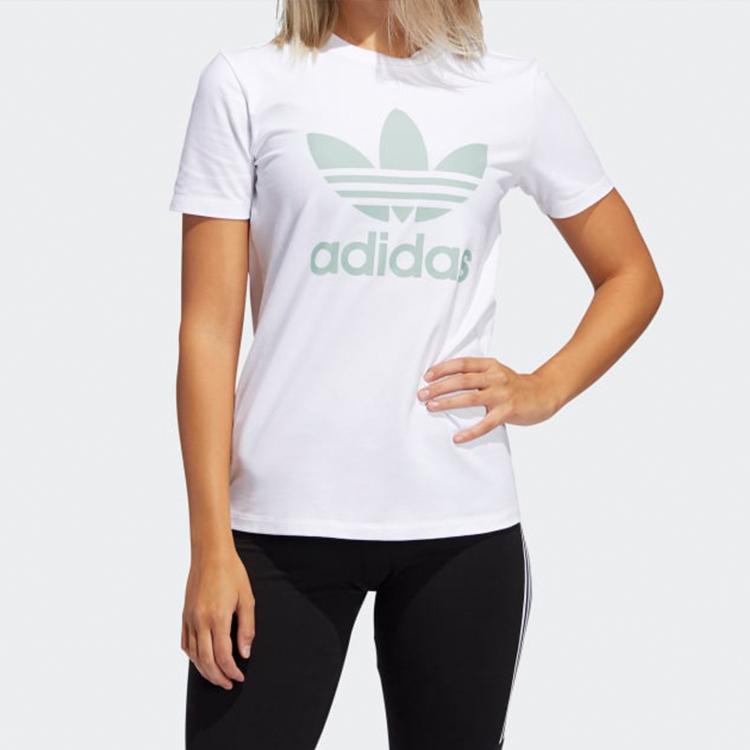 adidas Originals Trefoil Hellgrün Großes Logo Print Vintage Amerikanisches Kurzarm-T-Shirt Damen Oberteile Weiß FJ9452