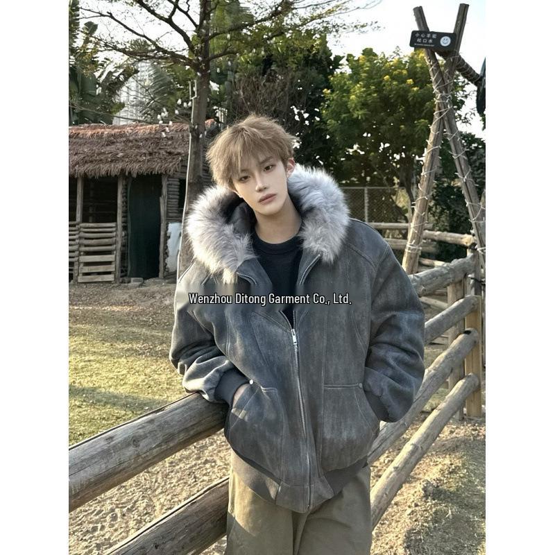Unisex American Design Ink-Dyed Hooded Jacket with Fur Collar and Cotton Padding for 2025 Autumn/Winter.