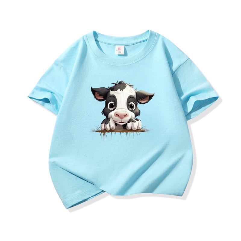 Kids Cotton T Shirt Black And White Cow Peeking Over Land Print Crew Neck Short Sleeve Tee Casual Boys Girls Summer Tops