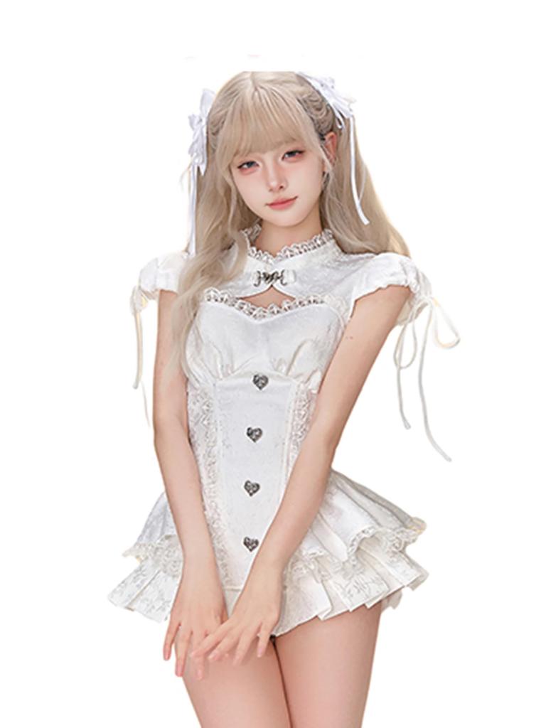 XHSUKADO Stage Costume Top and with Short and Korean Low Size L Women's 3-Piece Set, Bottoms, Ribbon, Sleeves, Lace, Ruffles, Style, Neck, Sexy, Cute,