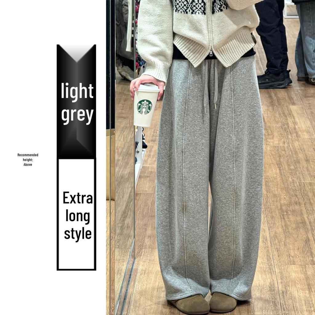 Damen Leichte Graue Koreanische Drapierte Sense-Hose - Hoher Bund, Schlankmachend, Weiter Bein, Gerades Bein Sporthose für Frühling und Herbst
