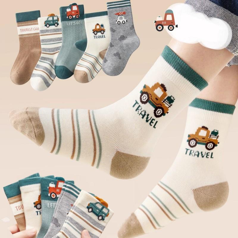 Boys Mid-Calf Socks With Cartoon Construction Vehicle Print Breathable Cotton Blend Kids Ages 9M-13Y
