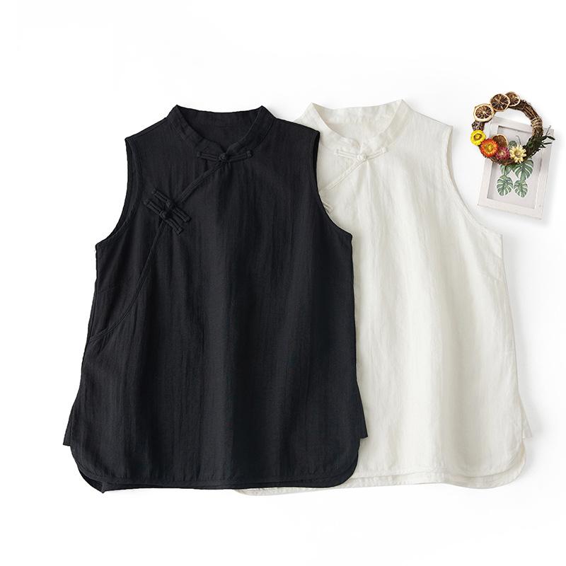 Chinese Vest Women Summer Sleeveless Blouse Retro Buckle Split Linen Shirt Soft