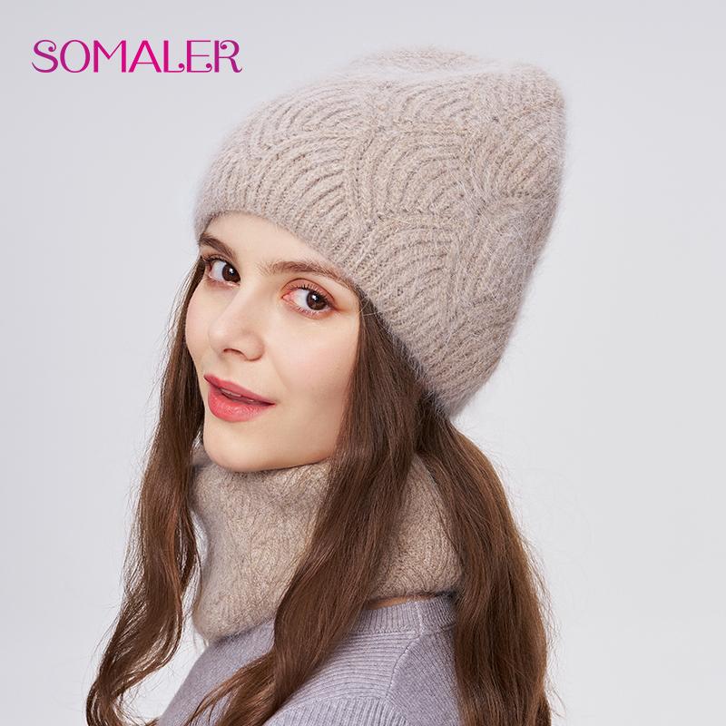 SOMALER Women's Winter Warm Fluffy Angora Hat Scarf Set Warm Angora Wool Knit Beanie  Neck Warmer 2 in 1 Gift Set