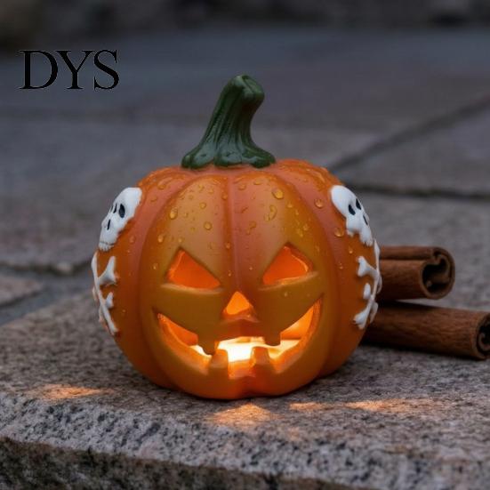 Pumpkin Figurines for Patio Spooky Lighted Figurine, Halloween Engraved Light-Up Resin Indoor Autumn Ornament Statue Tabletop Outdoor Garden