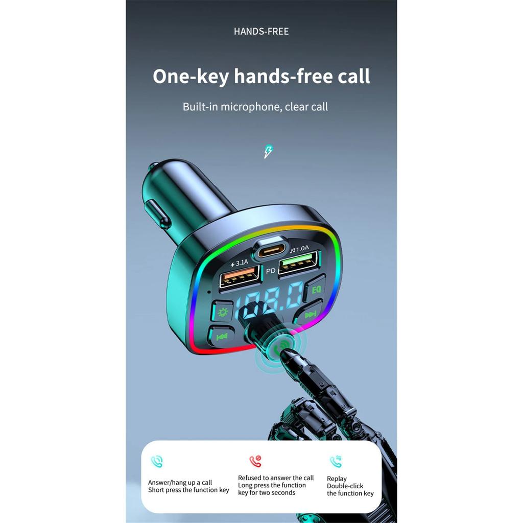 Auto Bluetooth Sockel Radio FM Transmitter PD 18W Typ-C Dual USB 3.1A Bunte Umgebungslicht Ladegerät MP3 Musik Player