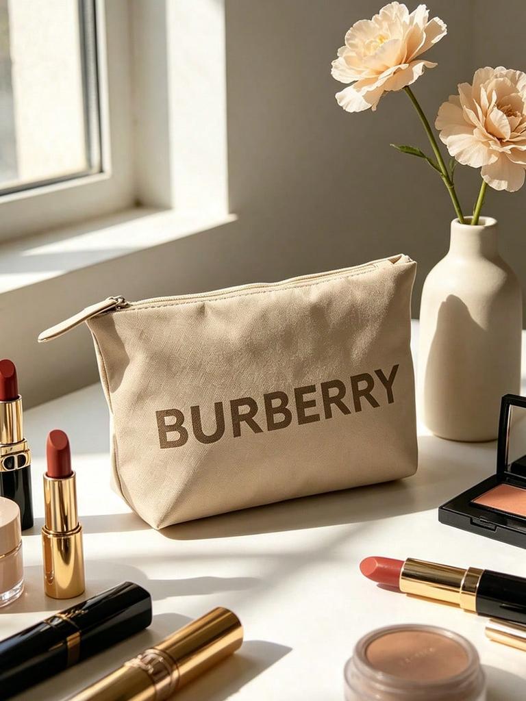 BURBERRY Beige Large Letter Logo Zipper Makeup Pouch Brand Beauty Accessory, Waterproof Cosmetic Storage Bag Women Travel Daily Small Item Purse