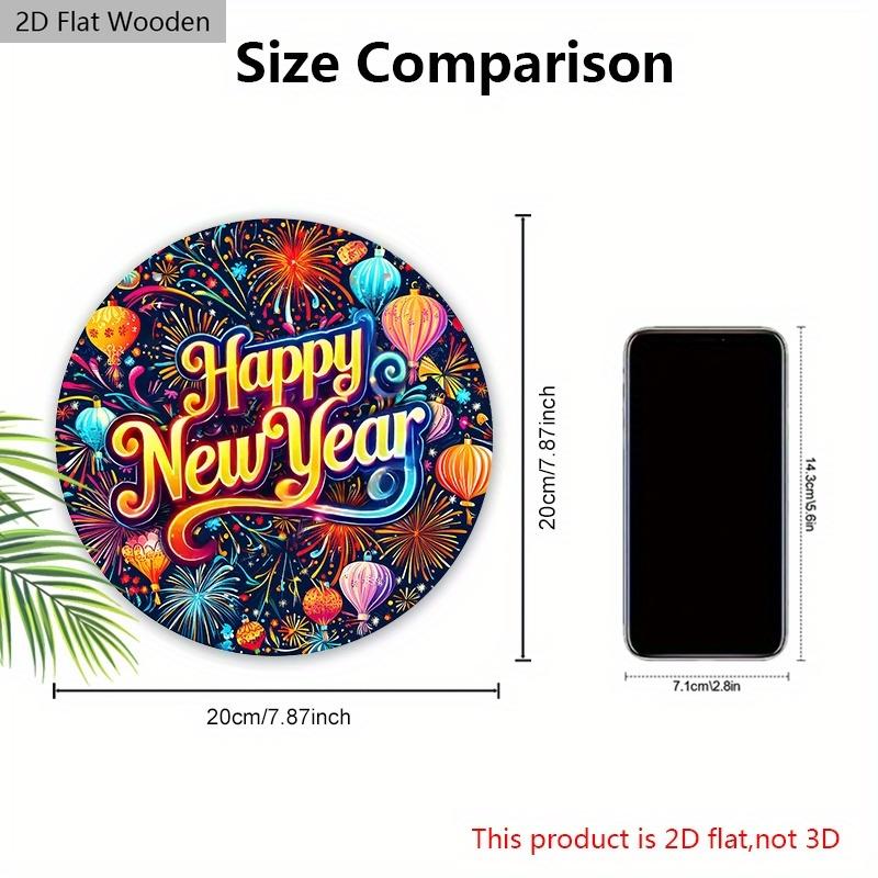 Happy New Year Festival Wooden Sign - Colorful Hot Air Balloon Round Sign for Front Door, Wall Hanging Decor - Ideal Festival Decoration