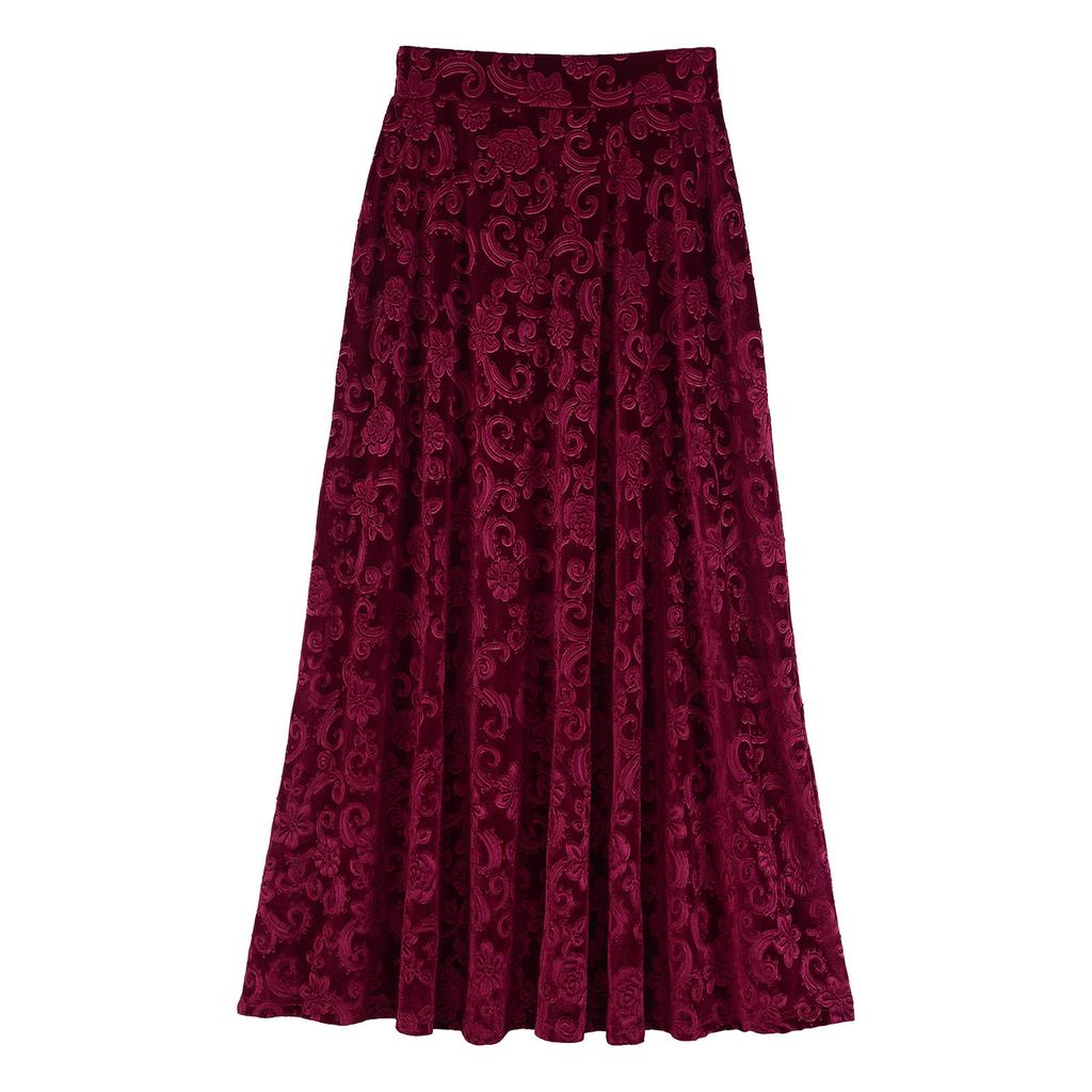 Women Retro Floral Print Skirt Elastic Waistband Solid Color Vintage Style for Wedding Party Banquet