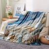 Coastal Ocean Print Blanket, Vintage Seashell Wave Pattern Flannel Throw for Beach Theme Home Decor & Gift