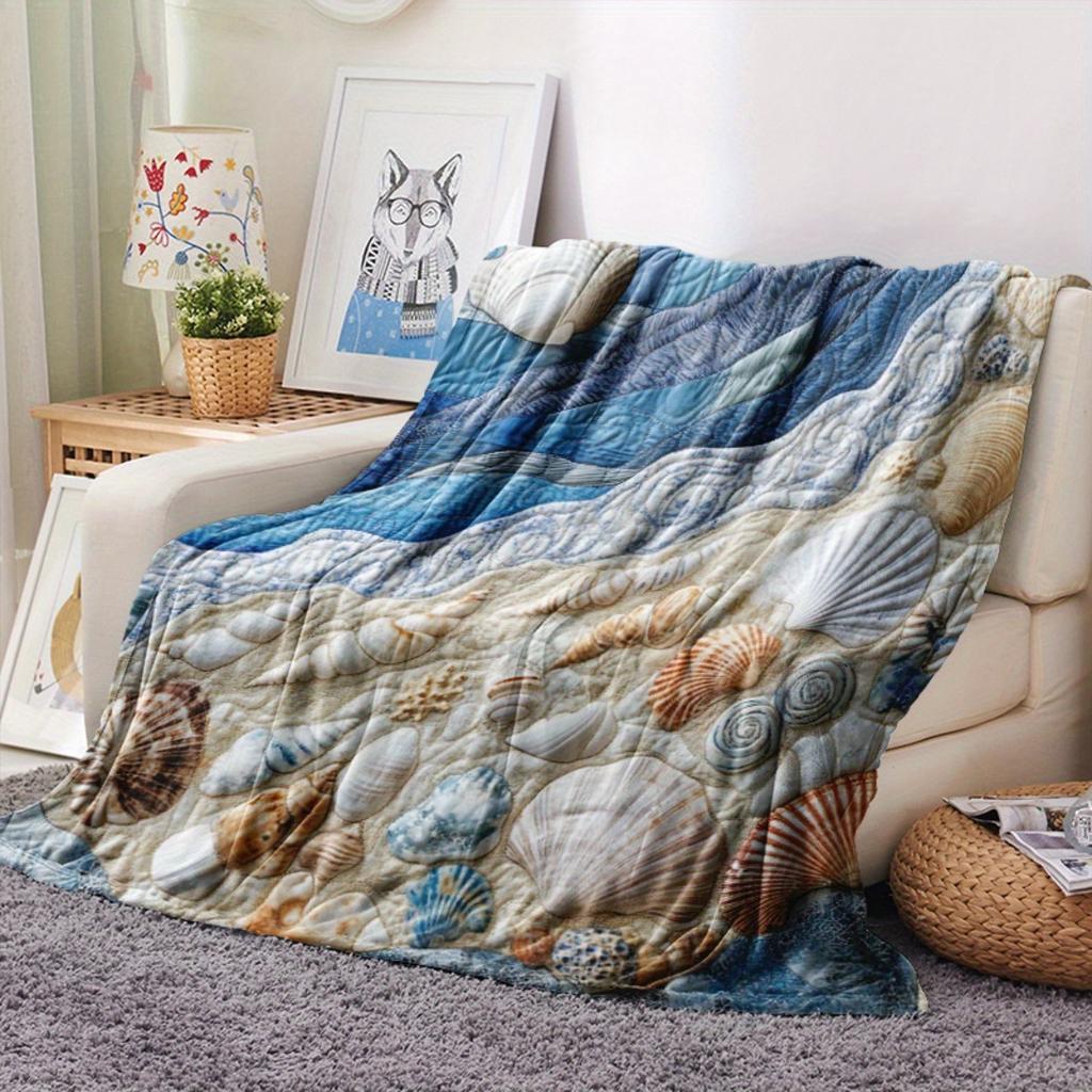 Coastal Ocean Print Blanket, Vintage Seashell Wave Pattern Flannel Throw for Beach Theme Home Decor & Gift