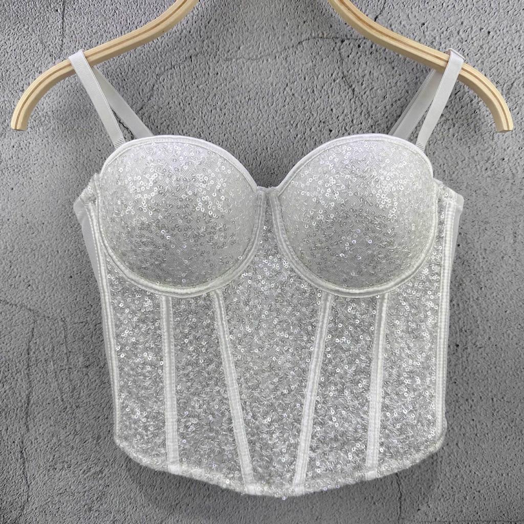 Pure Desire Style Fishbone Sequin Strapless Top Short Sexy Fitted Underwire Women's Waist-cinching Spring/summer Camis & Tank Tops