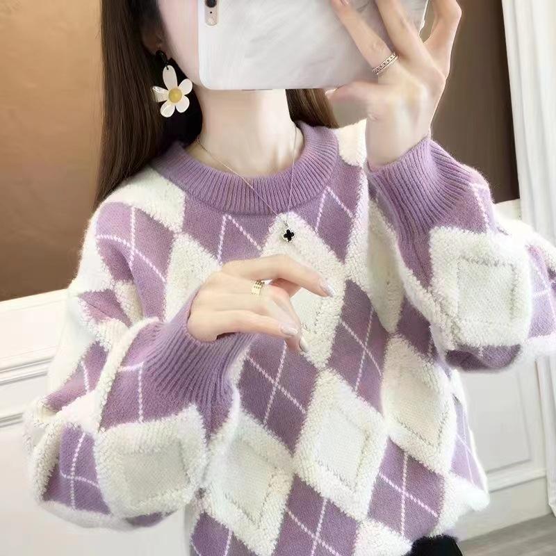 Rhombus Sweater Women's Purple Autumn and Winter Wear New Red Knitted Loose Top Crew Neck Bottoming Shirt
