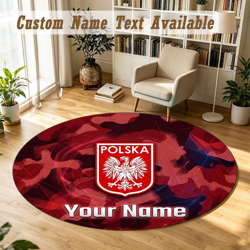 Round Rug Custom NamePoland Football Pattern Non Slip Carpet Home Floor Decor