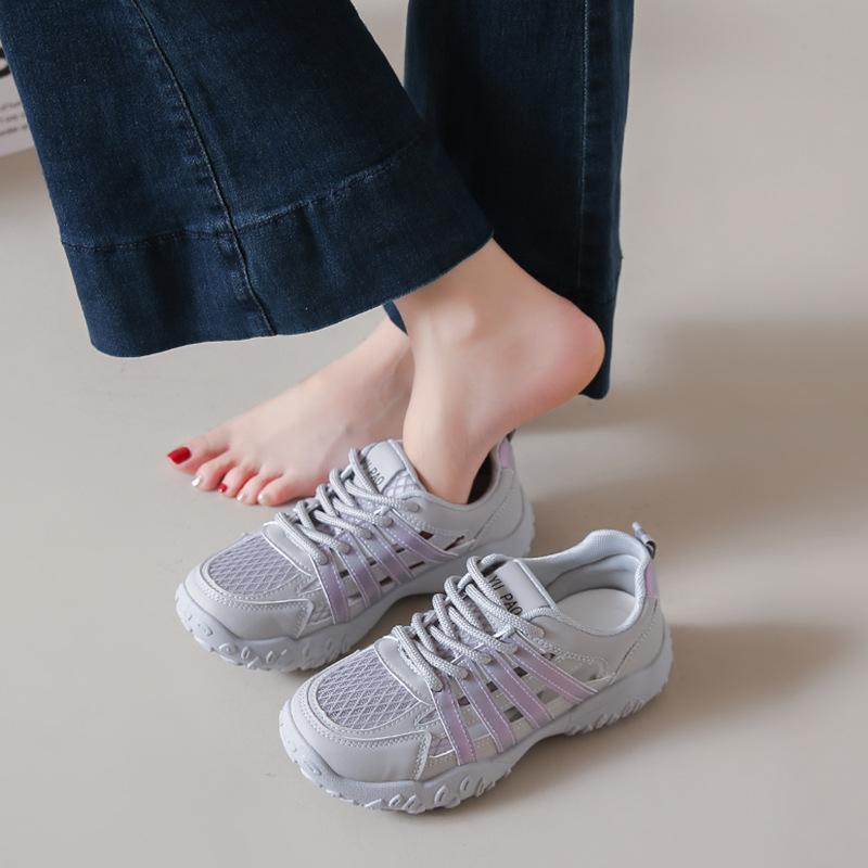 Leather mesh breathable dad shoes 2025 summer new women's shoes thick-soled hole hollow casual sports shoes