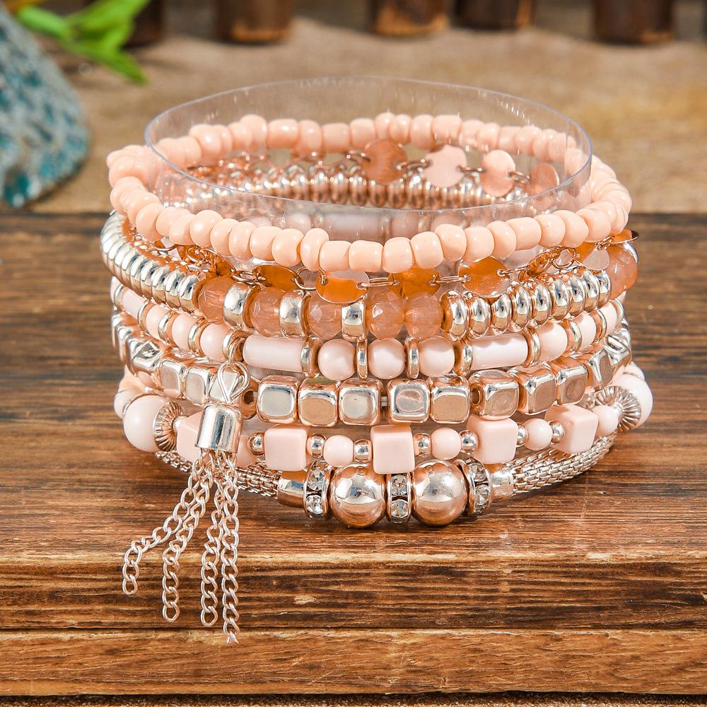Bohemian Multi Layer Stackable Bracelet Fresh Sweet Style Handmade Beaded Pink Metal Chain Bracelet Jewelry For Women