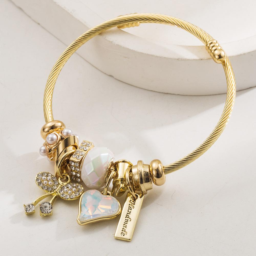 

Универсальный модный тренд Браслет из нержавеющей стали для женщин Браслет с бусинами Сердце Лист вишни Инкрустированные бриллиантами Аксессуары Браслет Gold-White