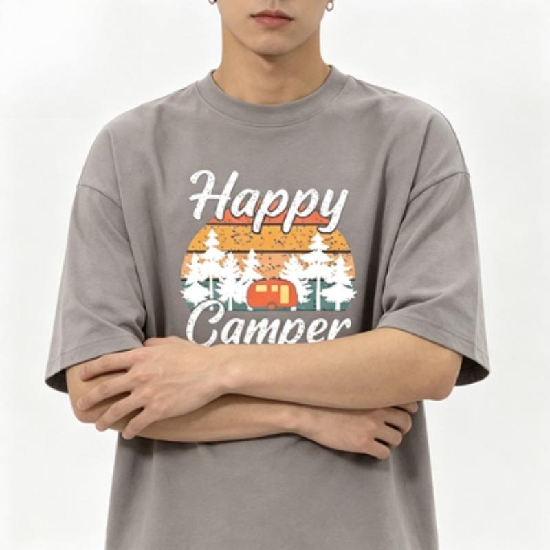 Retro Sunset Pine Tree Camper Van Print Unisex Cotton Tshirt Happy Camper Camping Short Sleeve Male Tops