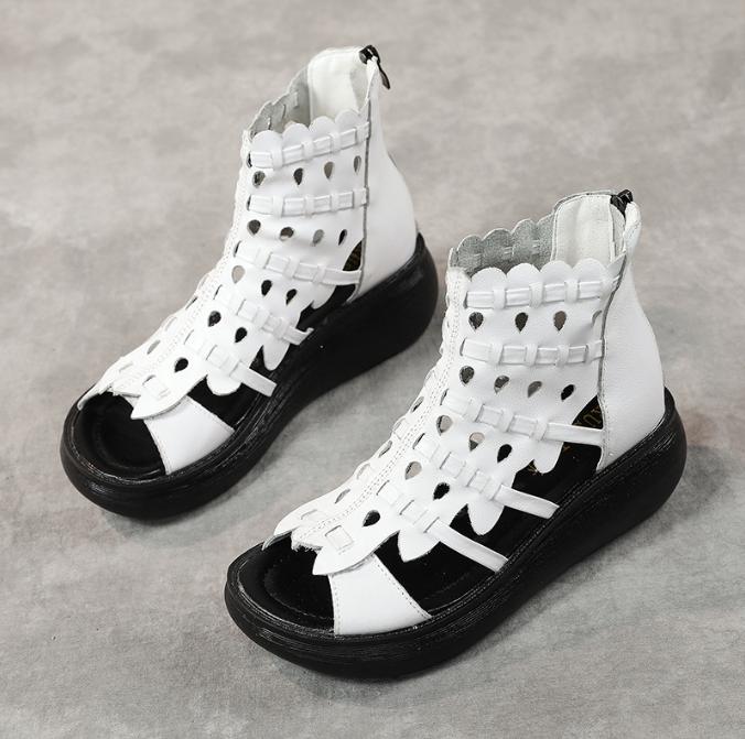 Genuine Leather Roman Women Flat Shoes Women's High Heel Sandals Fashion Casual Sandals New Hollow Open Toe Shoes Female Summer