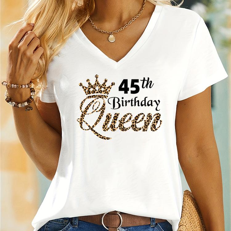 Queen 45th Birthday Leopard Print Women Tshirts Queen Birthday Party Essential Classic Tops 45th Birthday Gift Summer Tshirts S