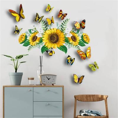 13 Sunflower Wall Stickers, Butterfly Wall Stickers, Waterproof Sunflower Stickers, Sunflower Wall Decorations, Bathroom Flower Mural Stickers