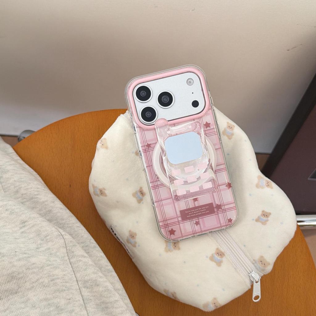 Korean-Style Pink Plaid Star Phone Case for iPhone 16/15/14/17 Pro Max 