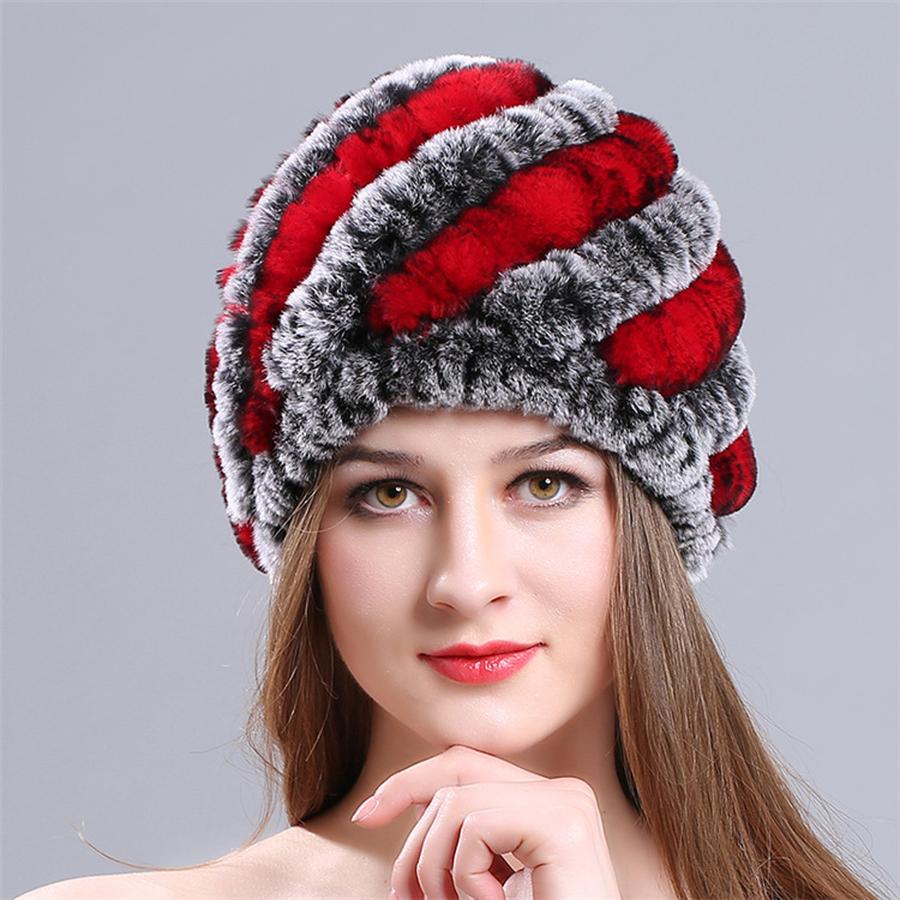 New Knitted Rabbit Fur Spiral Hat for Elderly Women Winter Thick Warm Pineapple Hat