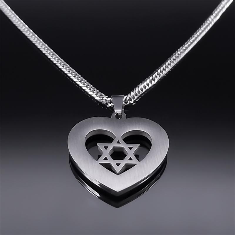 Hexagram Heart Shape Necklace for Women Men Silver Color Stainless Steel Jewish Star of David Necklace Jewelry collares N6474S02